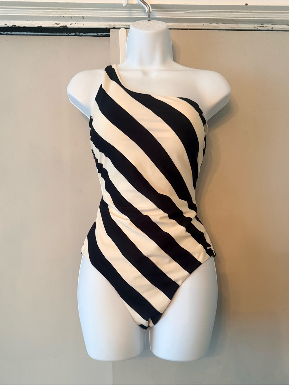 One-Shoulder Black and White Striped  One-Piece Swimsuit